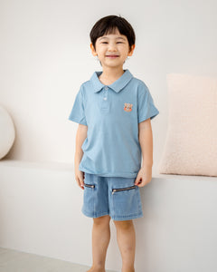 LeBear kids TENCEL™ polo shirt light blue front view soft breathable boys polo tee pastel smart casual kids clothing