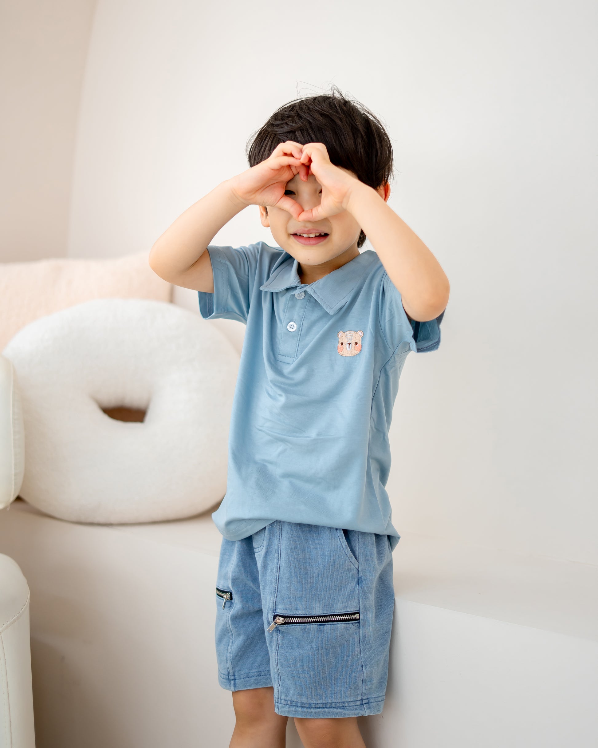 LeBear kids TENCEL™ polo shirt light blue boy heart pose soft breathable pastel kids outfit Singapore comfortable smart casual