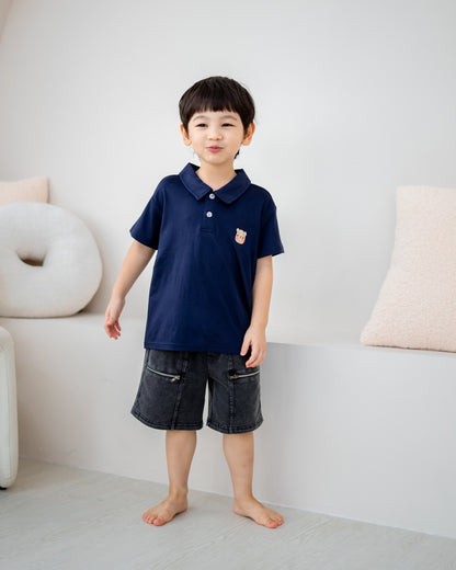 LeBear kids TENCEL™ polo shirt navy front view soft breathable boys polo tee smart casual kids clothing