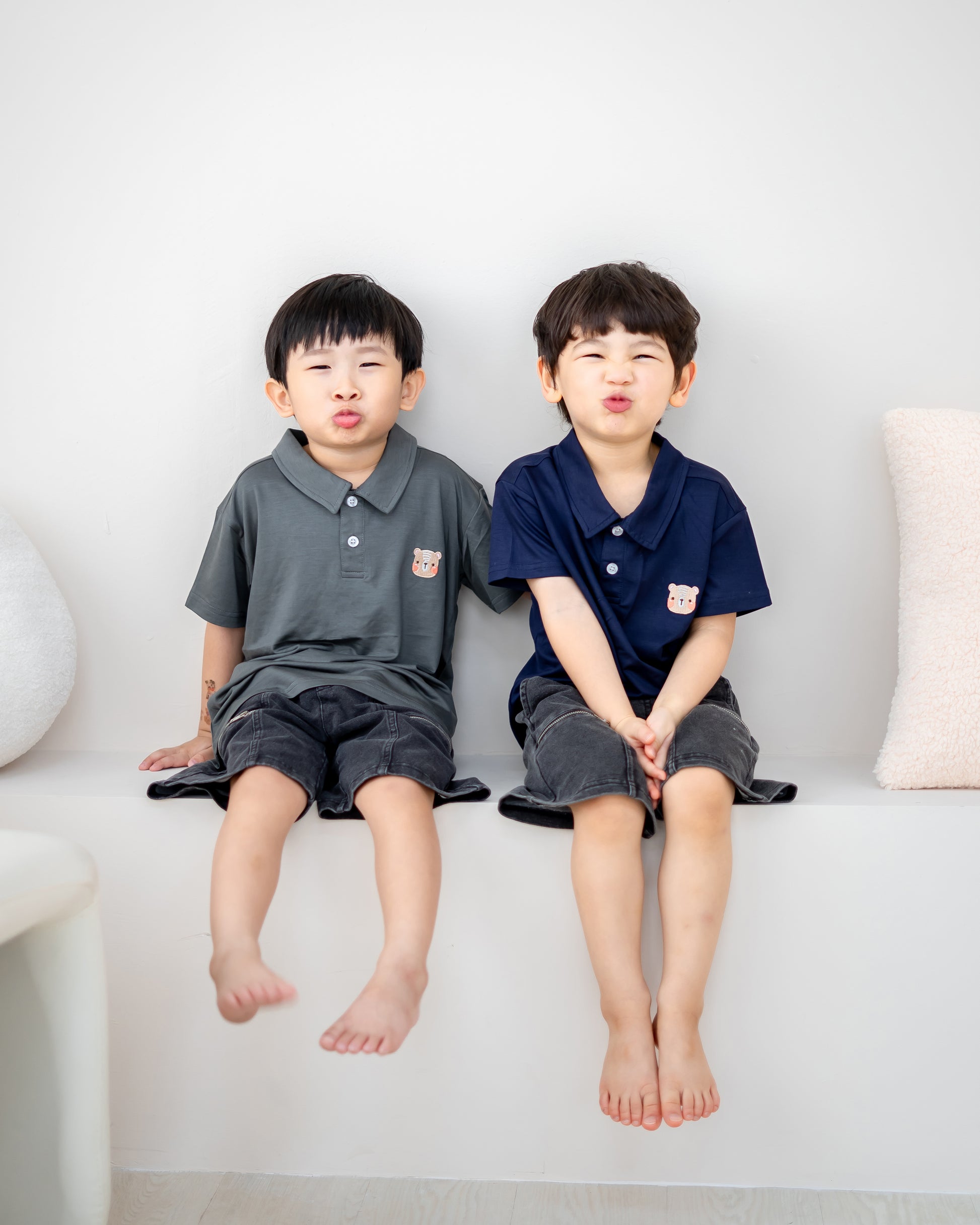 LeBear kids TENCEL™ polo shirt navy and grey boys matching outfit soft breathable smart casual kids clothing Singapore