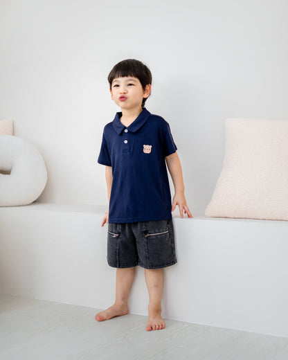 LeBear kids TENCEL™ polo shirt navy side angle relaxed fit breathable boys polo shirt comfortable kids wear