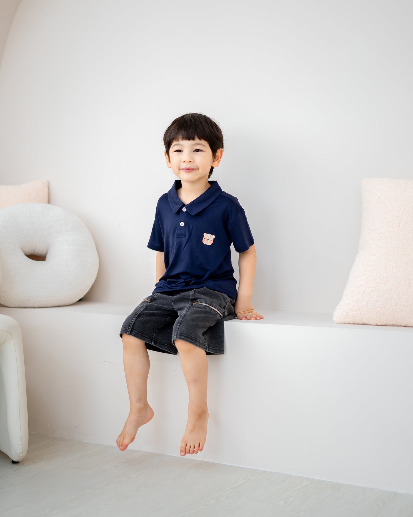 LeBear kids TENCEL™ polo shirt navy sitting boy soft breathable smart casual kids polo tee Singapore