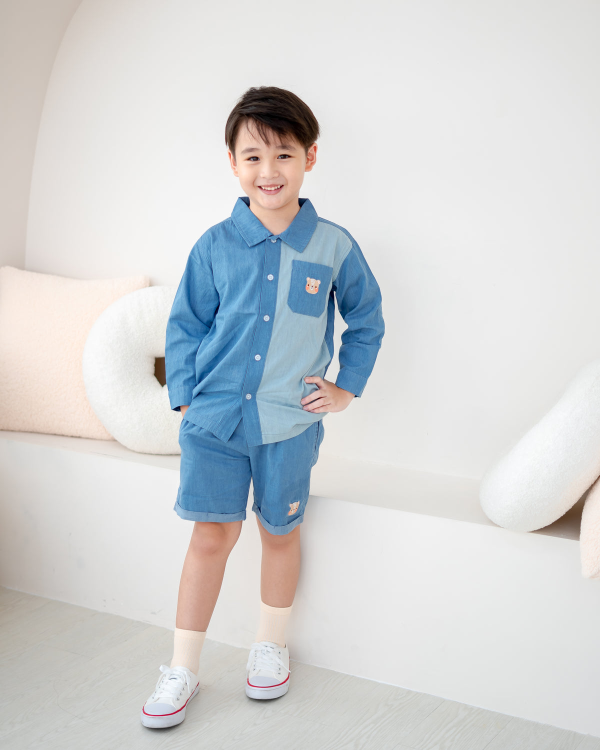 LeBear kids two-tone denim shirt styled with matching denim shorts