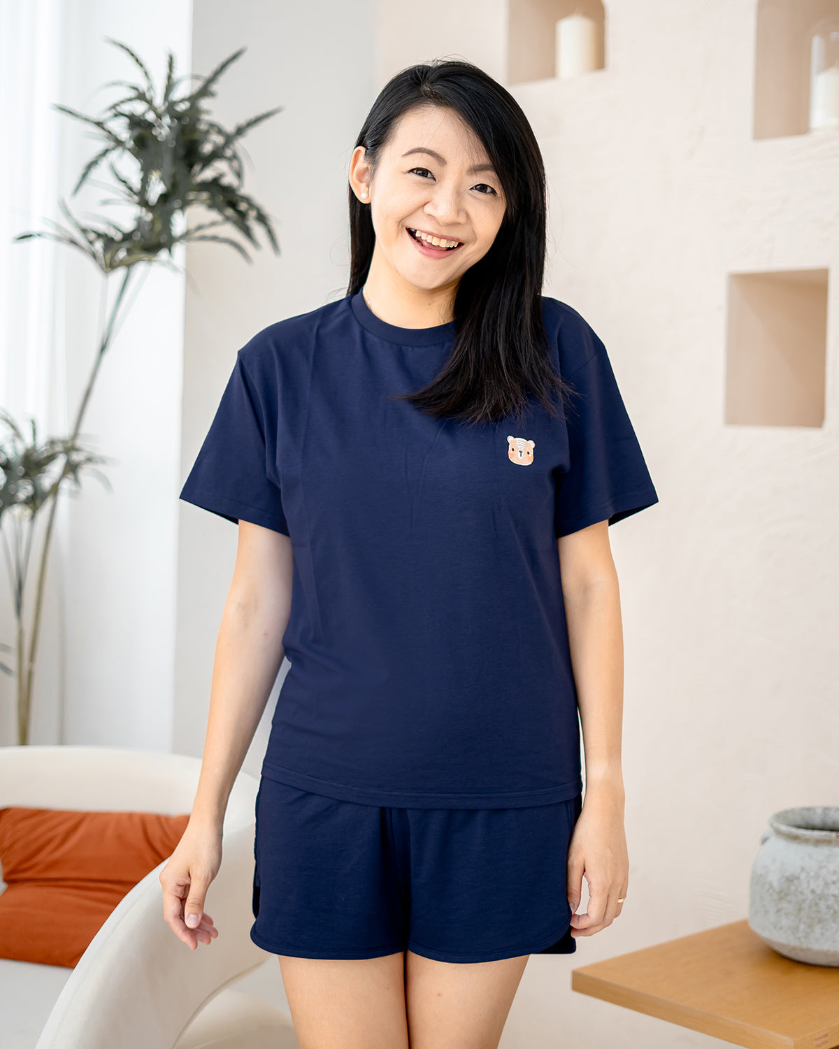 Front view of LEBEAR Ladies TENCEL™ Set in Navy — eco-friendly soft loungewear for women.