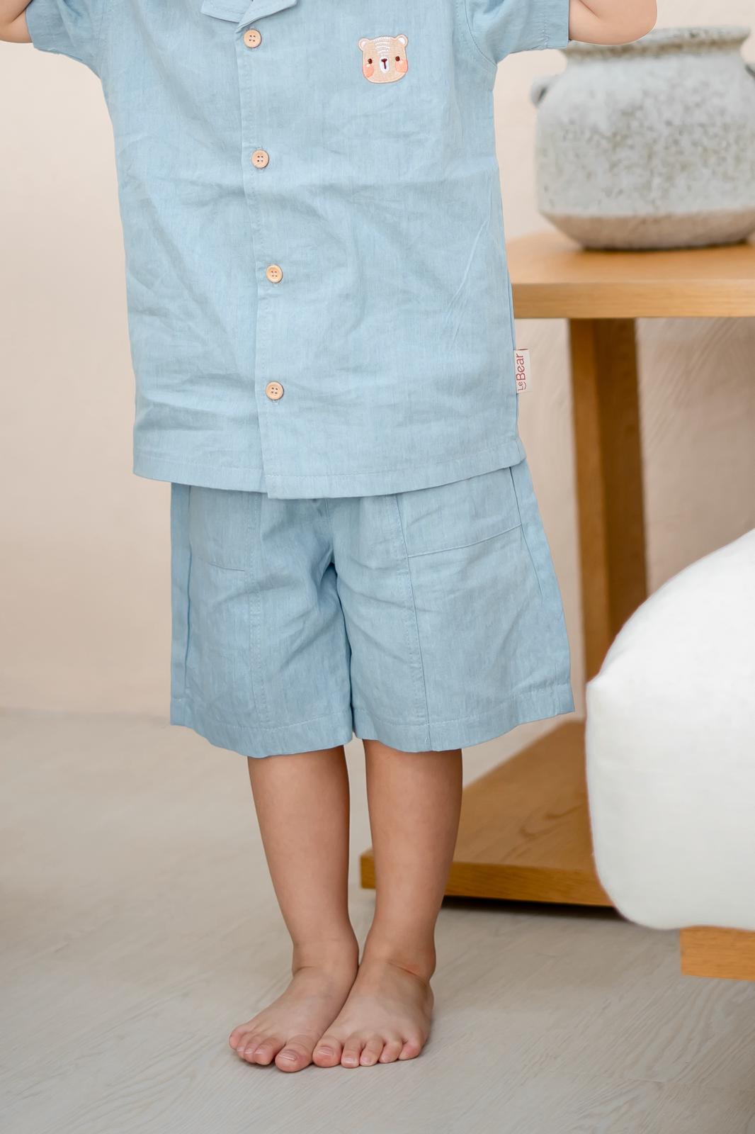 Close-up of LeBear Liam Denim Camp Collar Set shorts made from 100% premium cotton with functional drawstring and bear embroidery