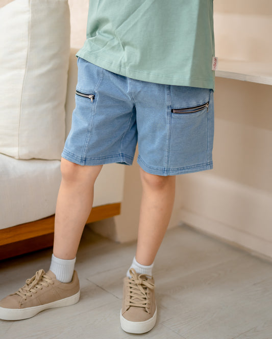 LeBear light wash denim shorts for kids, designed in soft and slightly stretchable denim for everyday comfort