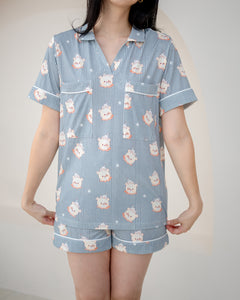 Close-up of LeBear Little Dreamer buttonless adult bamboo pyjamas in Cloud Blue