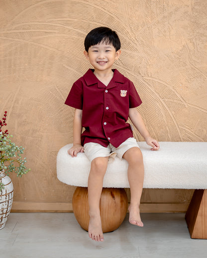 “Smiling boy in LeBear Berry Rouge camp collar shirt – CNY kids outfit”