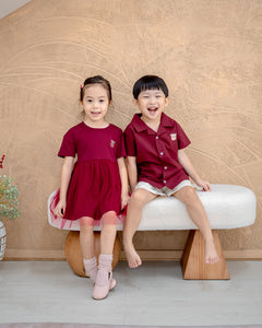“Sibling matching outfits in Berry Rouge – LeBear Roselle Tulle Dress and Maison Camp Collar Shirt”