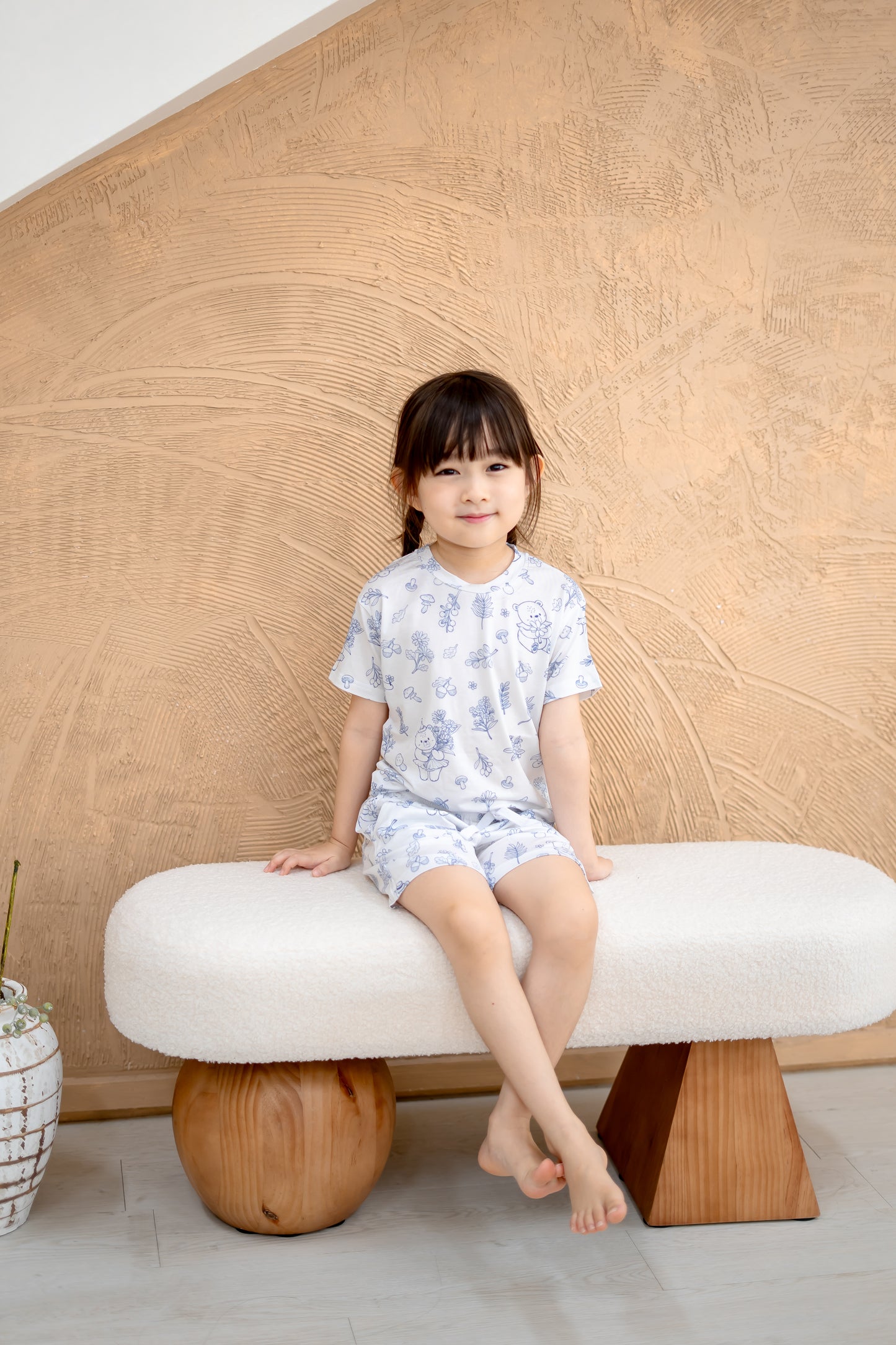 Close-up of LeBear Meadow Blue TENCEL kids top showing soft fabric and print