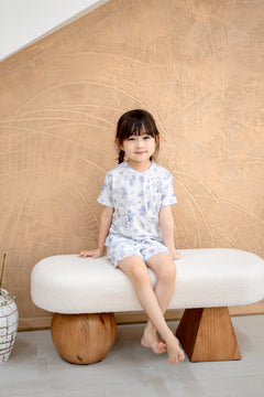 Close-up of LeBear Meadow Blue TENCEL kids top showing soft fabric and print