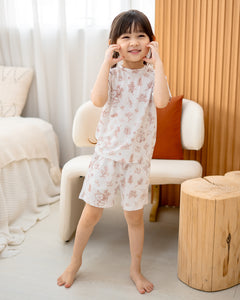 Full body view of child in LeBear Meadow Mocha TENCEL kids set