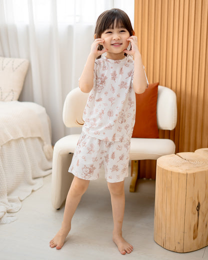 Full body view of child in LeBear Meadow Mocha TENCEL kids set