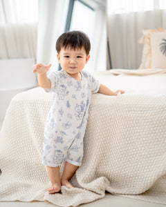Baby standing in LeBear Meadow TENCEL romper made with breathable Lenzing TENCEL