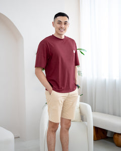 LeBear Men's TENCEL™ Oversize Tee in Maroon with signature bear embroidery