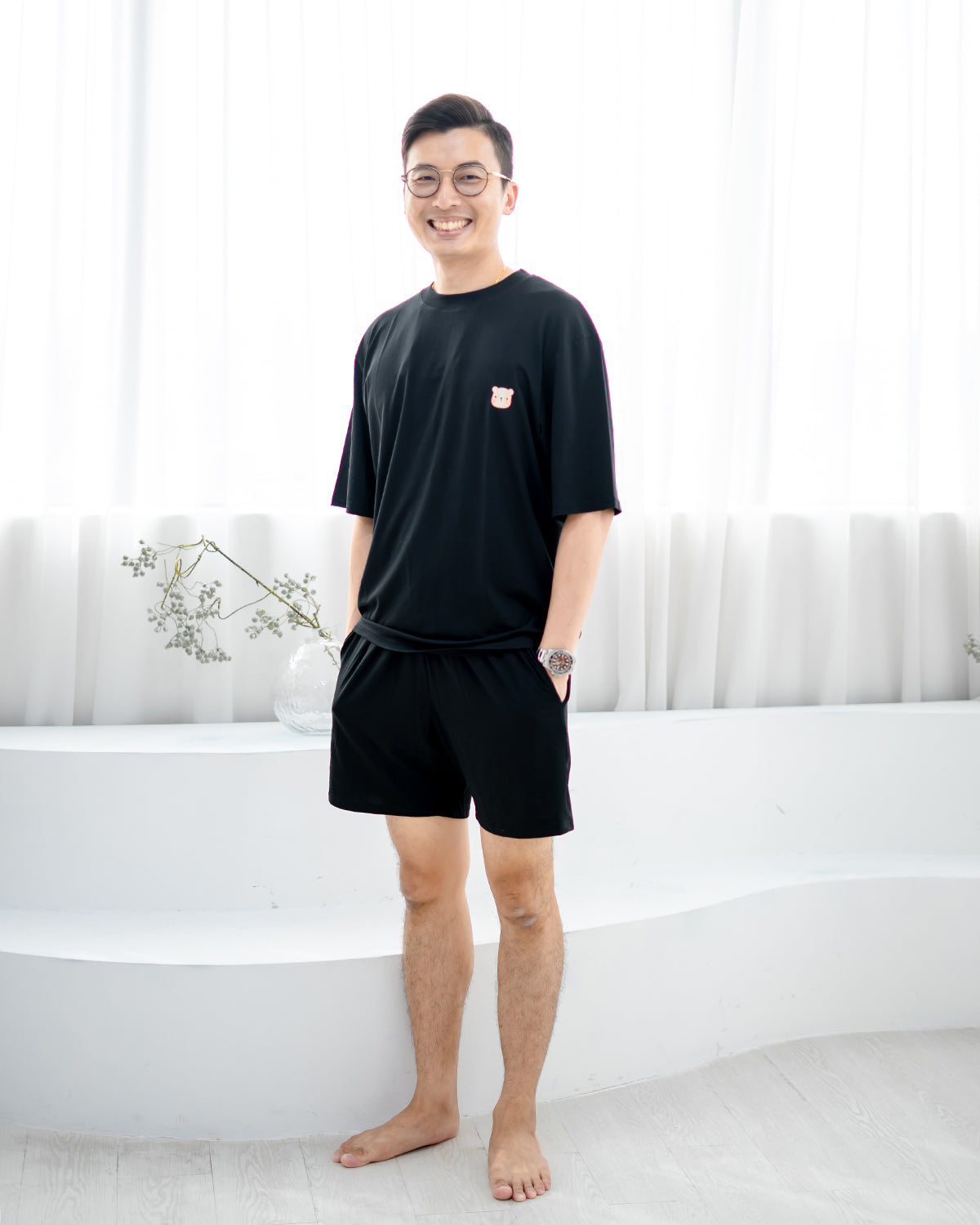 Man wearing LEBEAR Men’s TENCEL™ Set in Black — soft breathable loungewear Singapore.