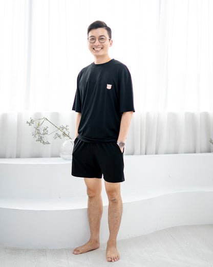 Man wearing LEBEAR Men’s TENCEL™ Set in Black — soft breathable loungewear Singapore.