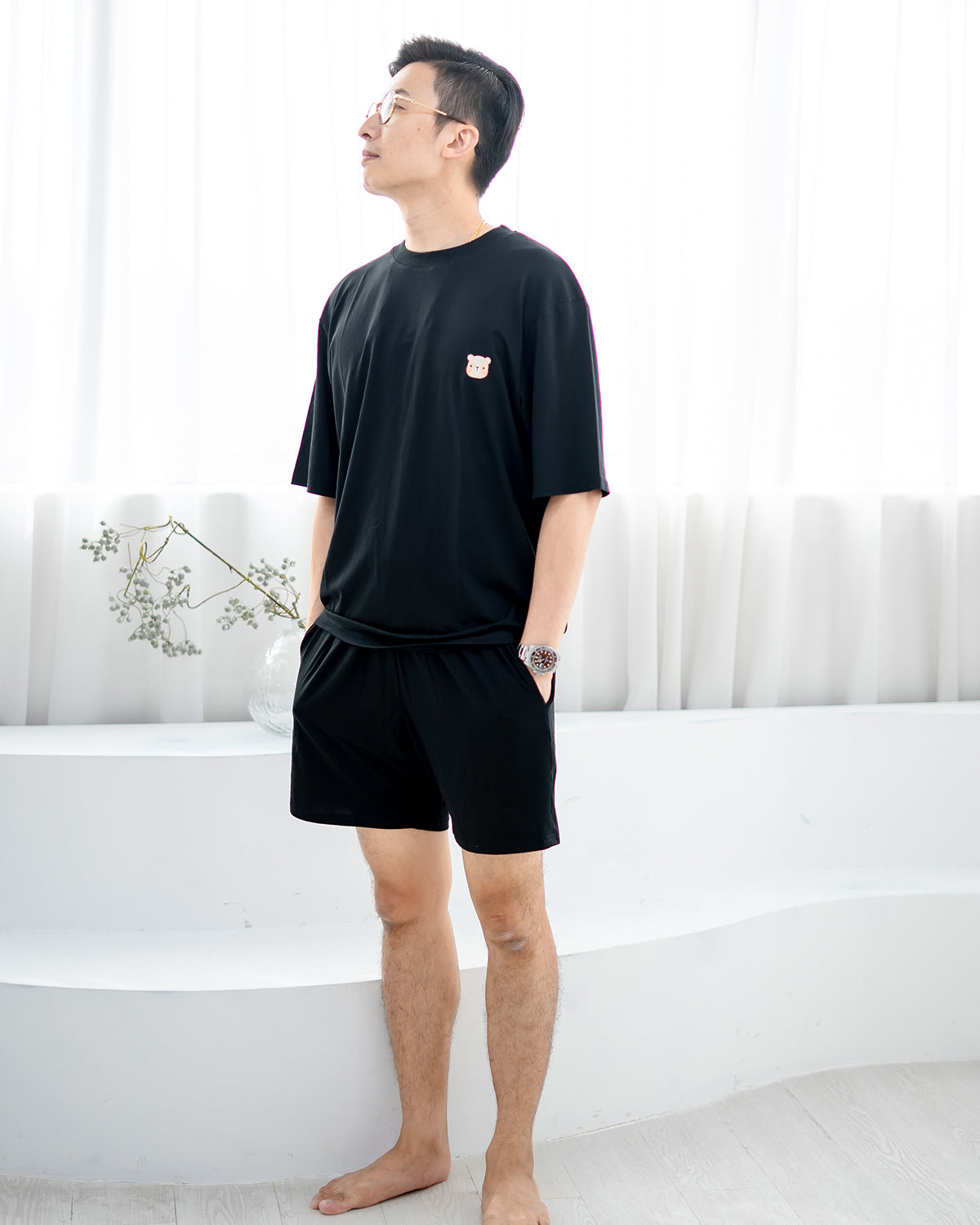 Men’s black TENCEL™ loungewear outfit from LEBEAR — cool, lightweight, and sustainable.