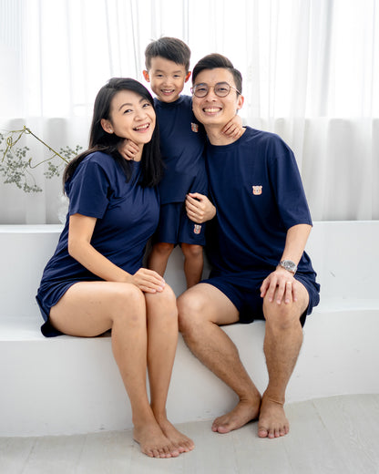 Family wearing matching LEBEAR TENCEL™ Sets in Navy — soft breathable family loungewear Singapore.