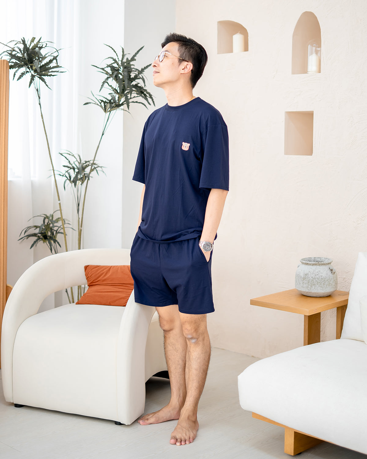 Family wearing matching LEBEAR TENCEL™ Sets in Navy — soft breathable family loungewear Singapore.