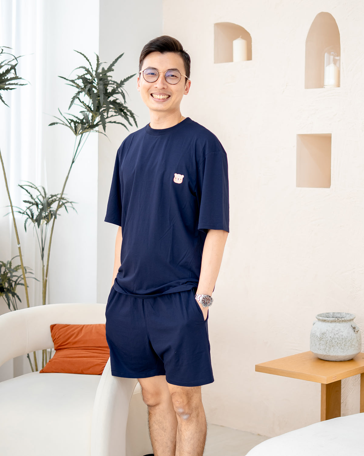 Man wearing LEBEAR Men’s TENCEL™ Set in Navy — lightweight and tag-less loungewear.