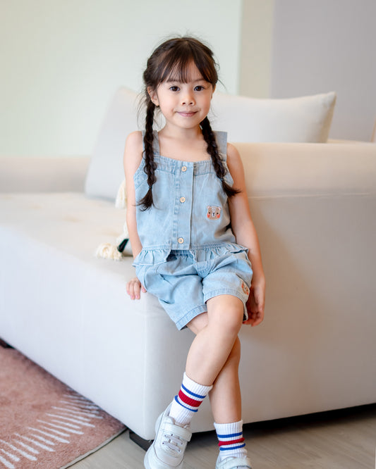 Girl sitting in LeBear Mia Denim Set, breathable tagless cotton denim outfit for everyday wear