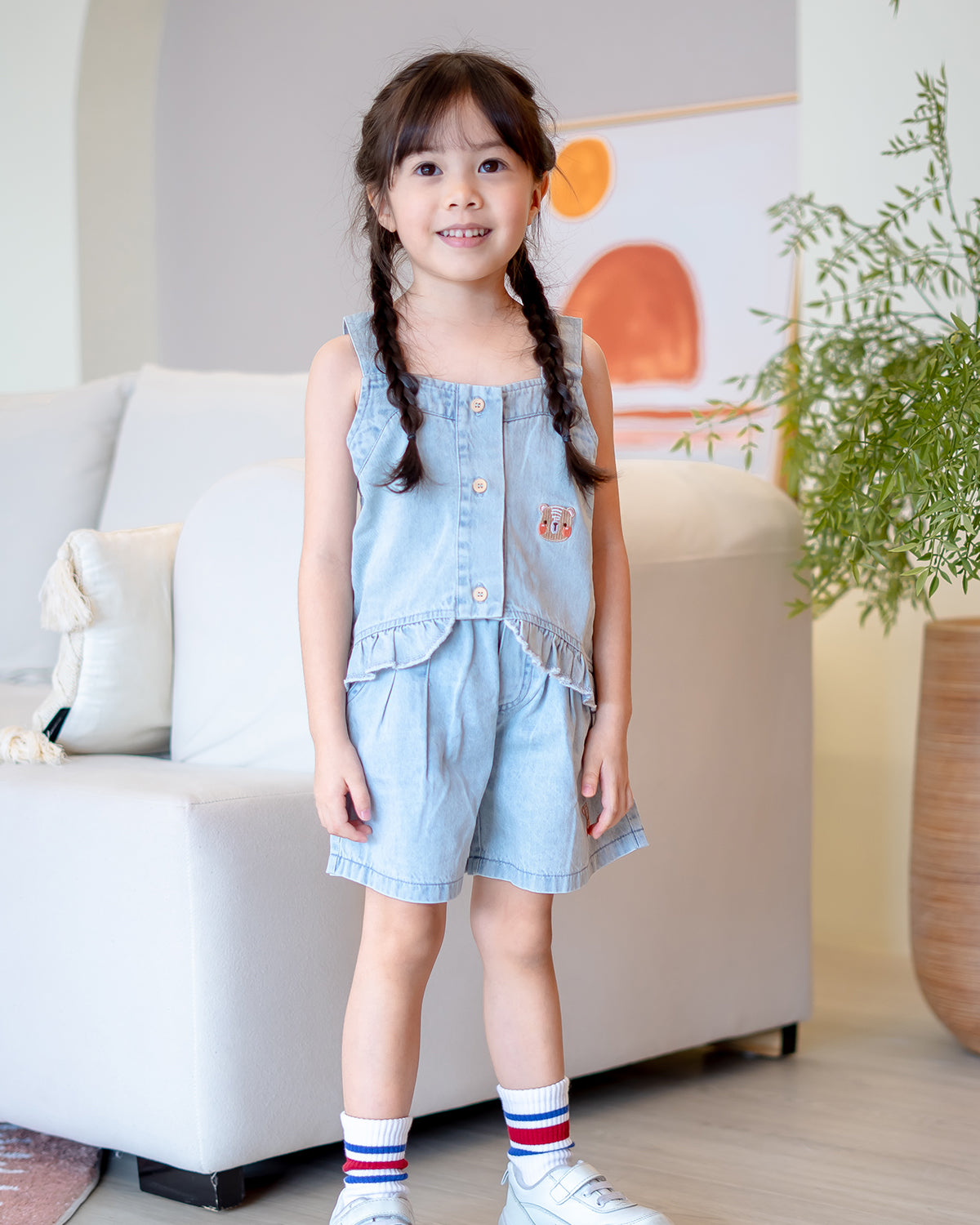 LeBear Mia Ruffle Denim Set featuring sleeveless ruffle top and elastic waistband shorts