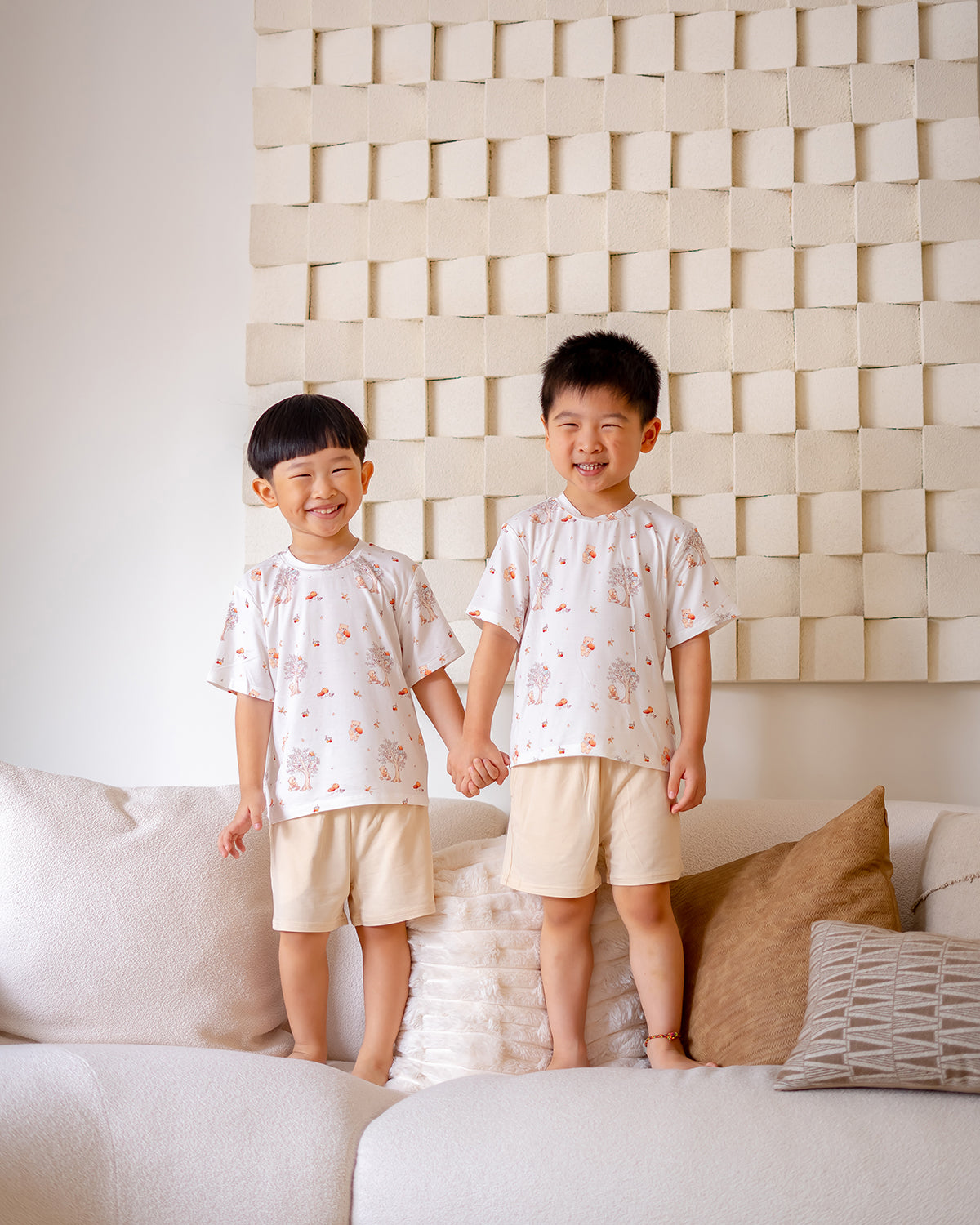 Matching Mushroom Bear bamboo kids lounge set from LeBear, soft OEKO-TEX® certified fabric, perfect for family wear