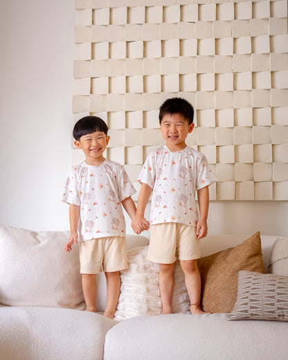 Matching Mushroom Bear bamboo kids lounge set from LeBear, soft OEKO-TEX® certified fabric, perfect for family wear