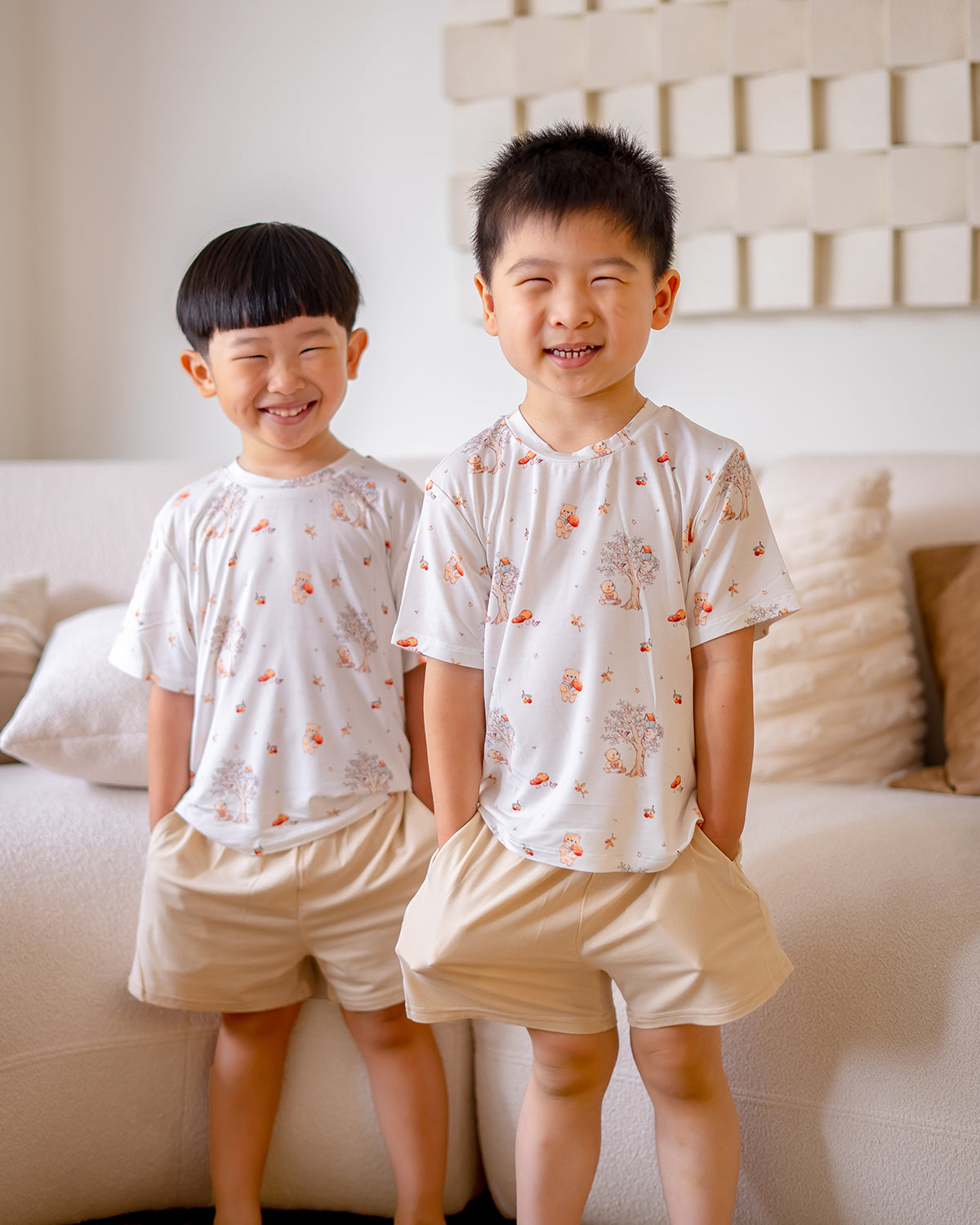 Close-up of LeBear Mushroom Bear bamboo kids lounge set in breathable OEKO-TEX® certified fabric for everyday comfort