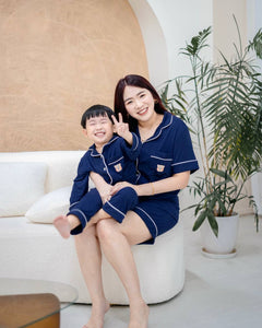 Soft navy bamboo kids pyjamas by Lebear, made with OEKO-TEX certified fabric for comfort
