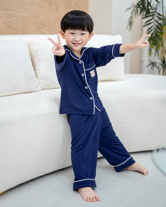 Soft navy bamboo kids pyjamas by Lebear, made with OEKO-TEX certified fabric for comfort
