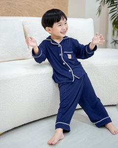 Soft navy bamboo kids pyjamas by Lebear, made with OEKO-TEX certified fabric for comfort
