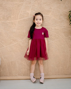 “Girl wearing LeBear Roselle Tulle Dress in Berry Rouge – premium kids tulle dress Singapore”