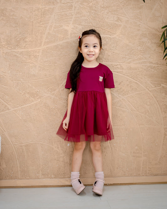 “Girl wearing LeBear Roselle Tulle Dress in Berry Rouge – premium kids tulle dress Singapore”