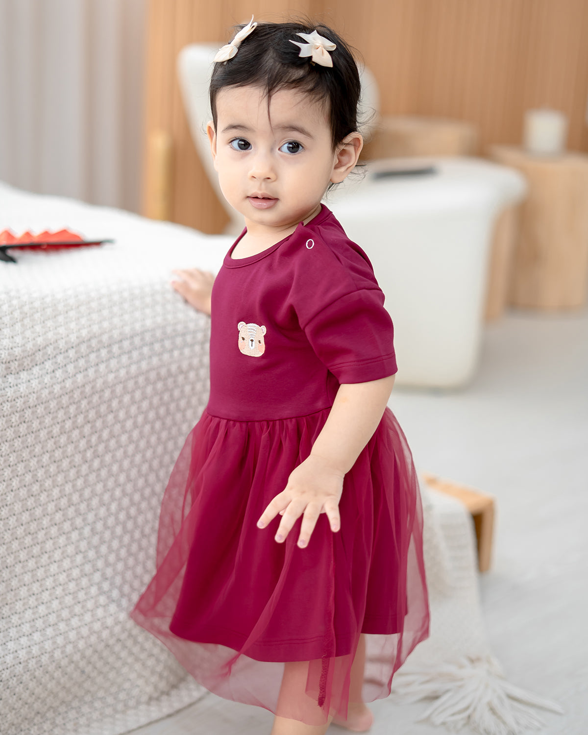 Side view of Roselle Tulle Dress in Berry Rouge