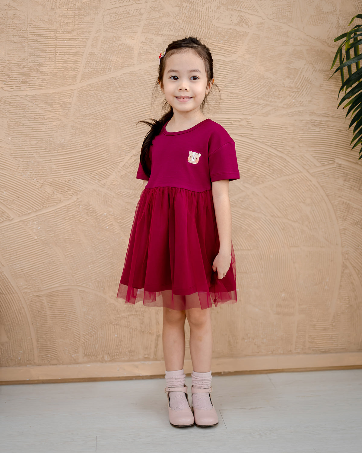 “Side view of LeBear Roselle Tulle Dress for girls in maroon red”