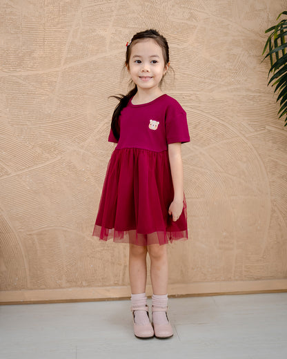 “Side view of LeBear Roselle Tulle Dress for girls in maroon red”