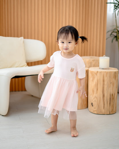 “Baby girl wearing LeBear Roselle Tulle Dress in Blush Pink – premium cotton tulle dress for toddlers”