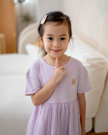 “Close-up of LeBear signature bear embroidery on Roselle Tulle Dress Lilac Mist”