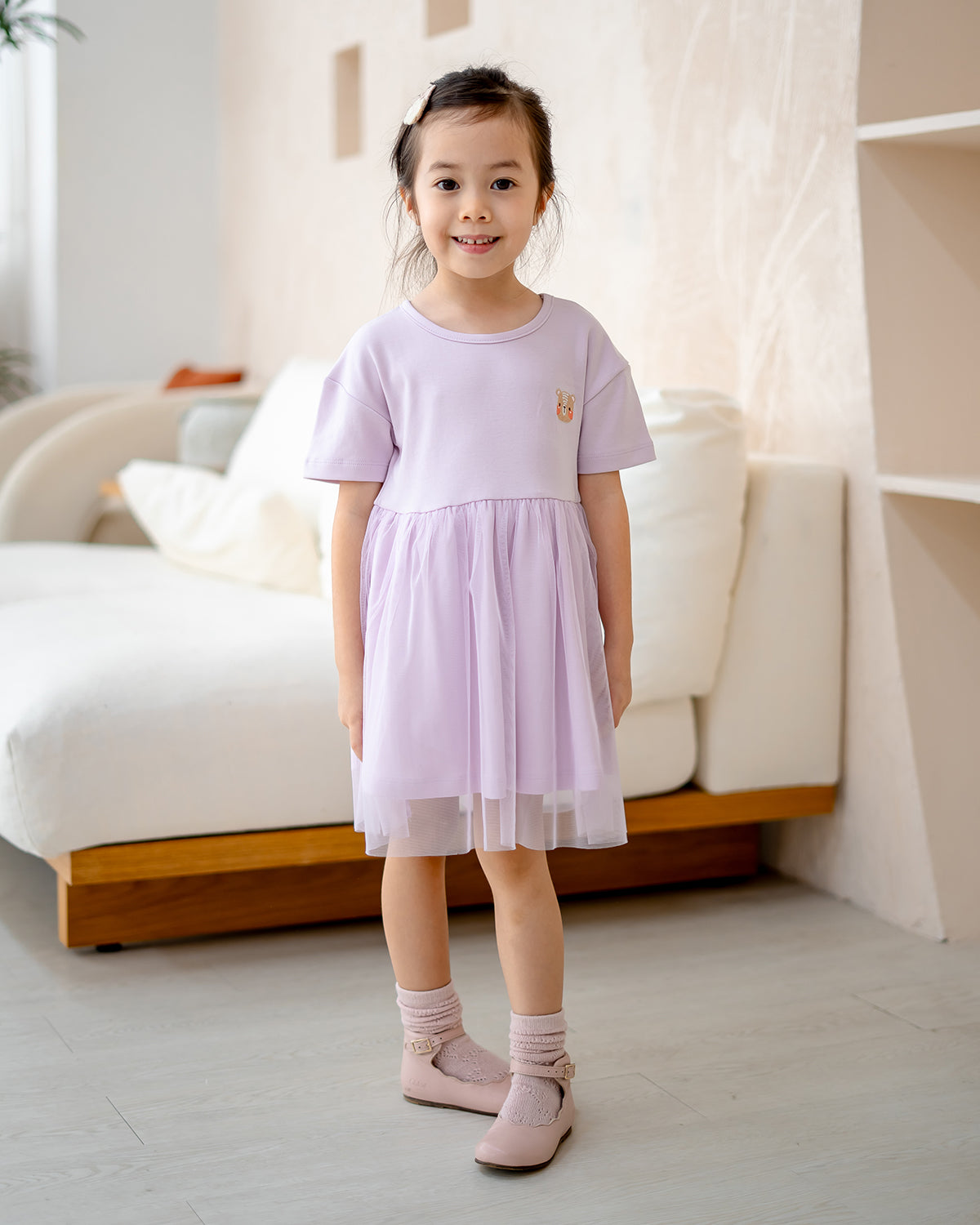 “Front view of girl wearing LeBear Roselle Tulle Dress Lilac Mist”