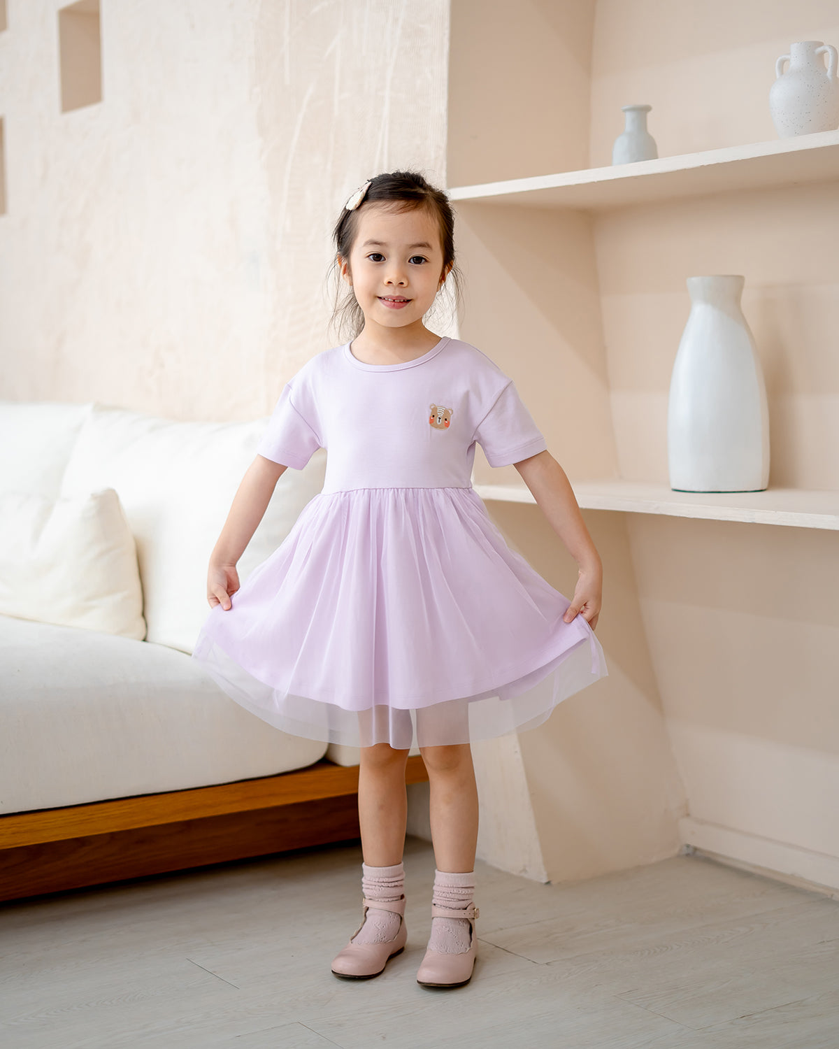 “LeBear Roselle Tulle Dress in Lilac Mist – soft premium cotton top and airy tulle skirt”
