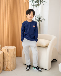 Lebear signature embroidery long sleeve tee in deep sea blue styled with utility jogger pants for kids