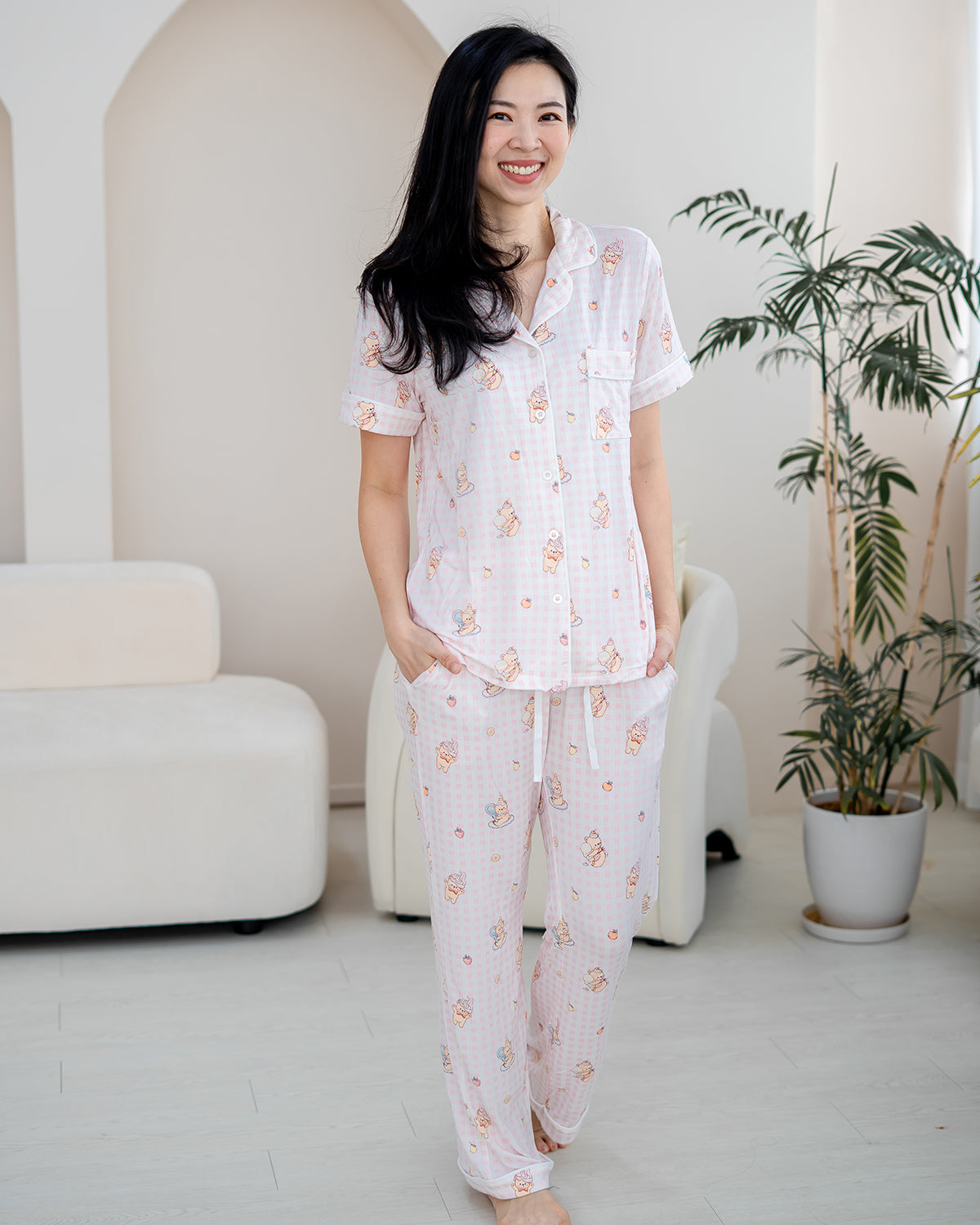 Model walking in LeBear Sweet Scoop adult bamboo pyjamas made from buttery-soft bamboo fabric for breathable all-night comfort.
