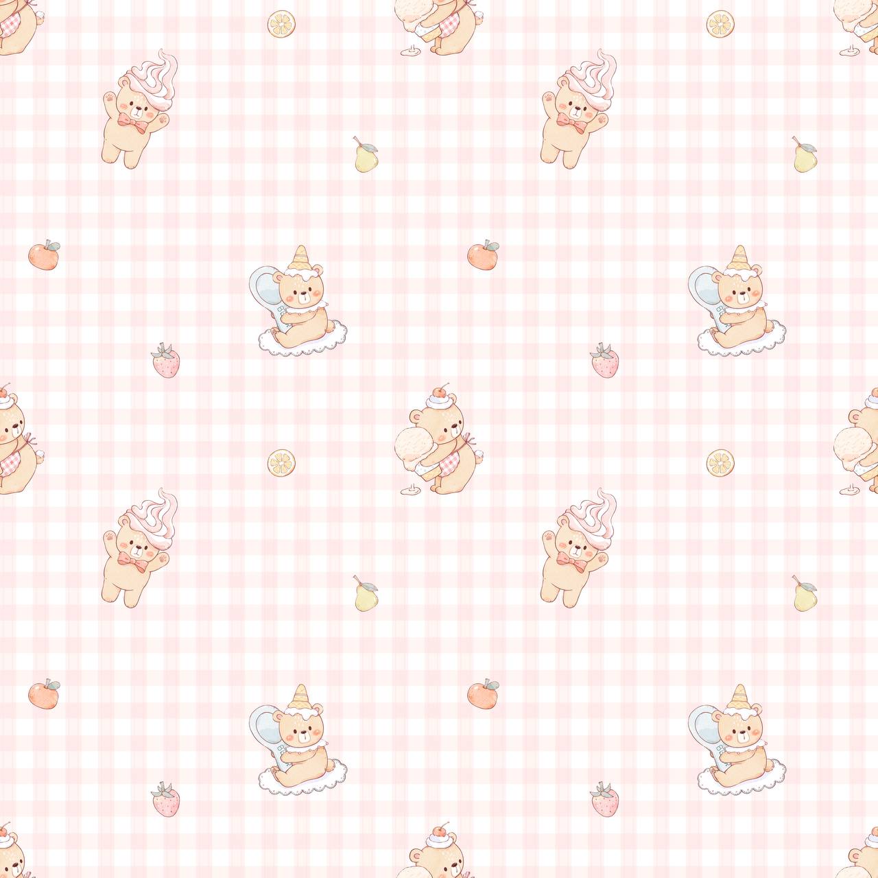 LeBear Sweet Scoop print featuring teddy bears, soft serve ice cream and fruit illustrations on a soft pink gingham background.