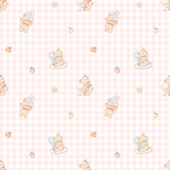LeBear Sweet Scoop print featuring teddy bears, soft serve ice cream and fruit illustrations on a soft pink gingham background.