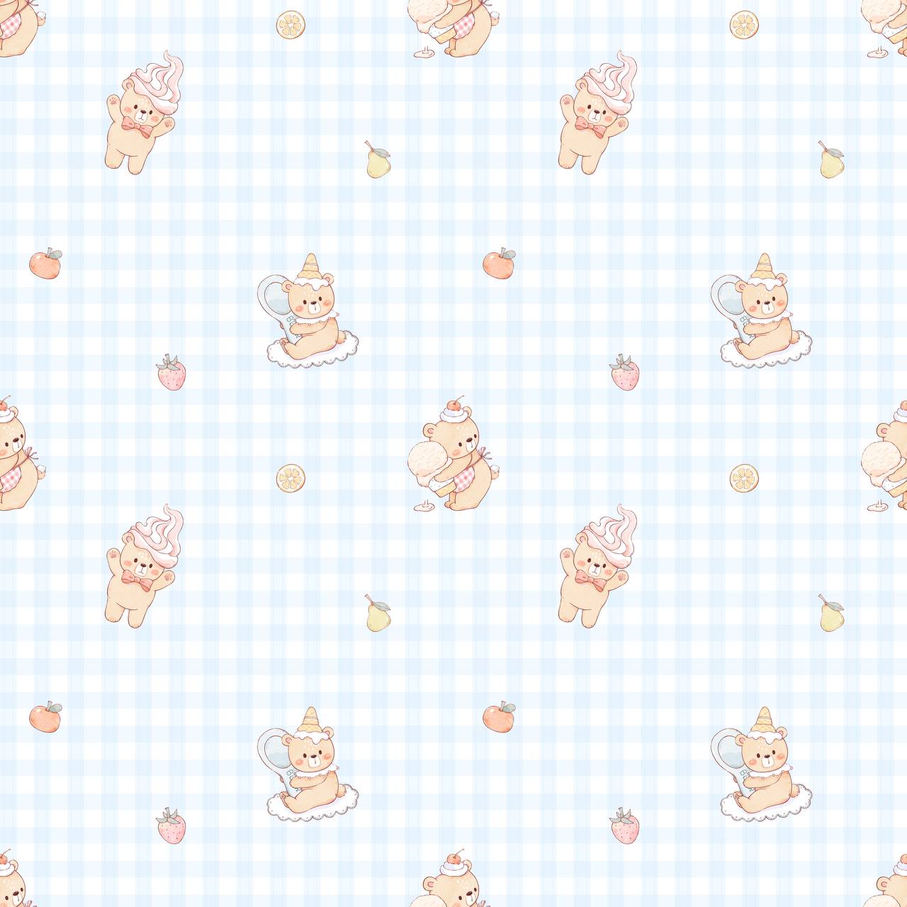 LeBear Sweet Scoops Ice Cream Bear blue gingham bamboo pyjamas print with hand drawn bears and dessert icons