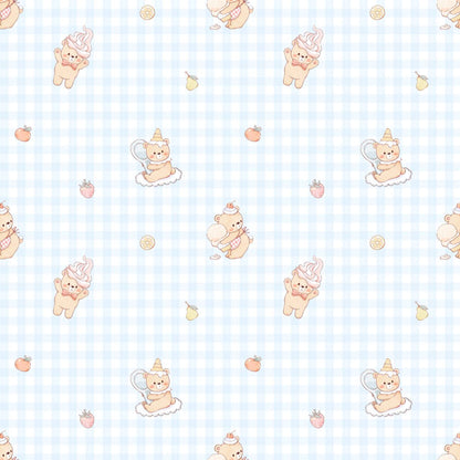 LeBear Sweet Scoops Ice Cream Bear blue gingham bamboo pyjamas print with hand drawn bears and dessert icons