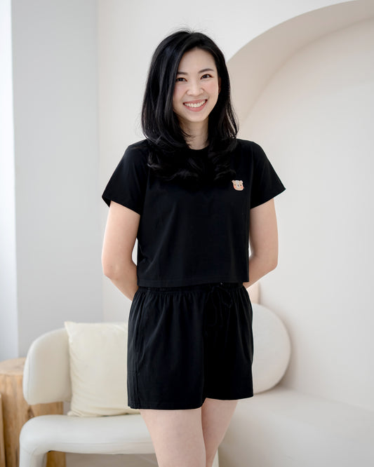 LeBear TENCEL™ Crop Lounge Set black angled view relaxed fit soft breathable women casual lounge outfit