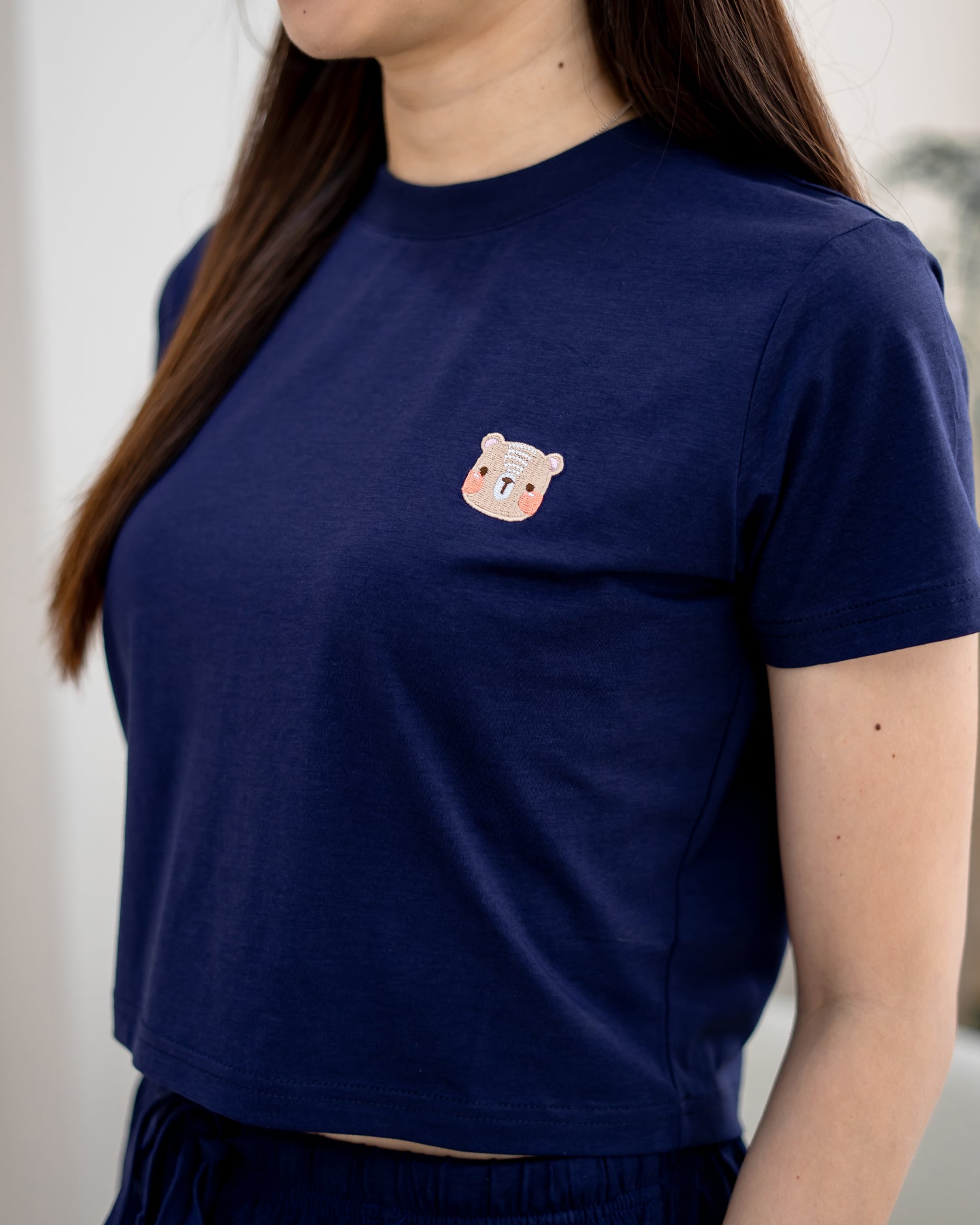 LeBear TENCEL™ Crop Lounge Set navy bear embroidery logo soft premium breathable fabric women crop top